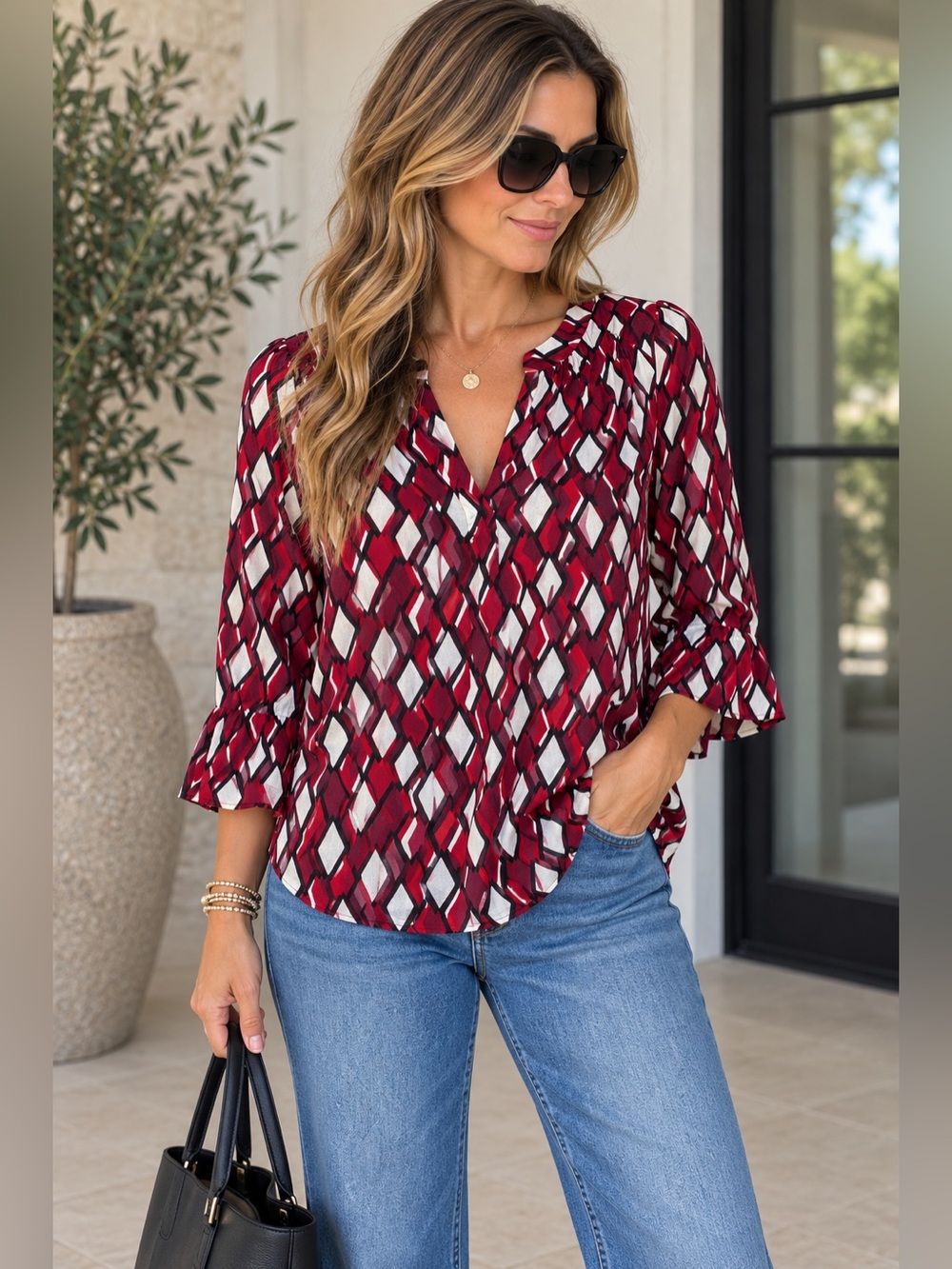Adrienne Vittadini Geometric Print Blouse Red Black White Size XL